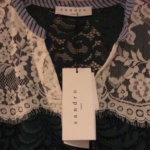 SANDRO Mixed Lace & Cotton Stripe Shirt